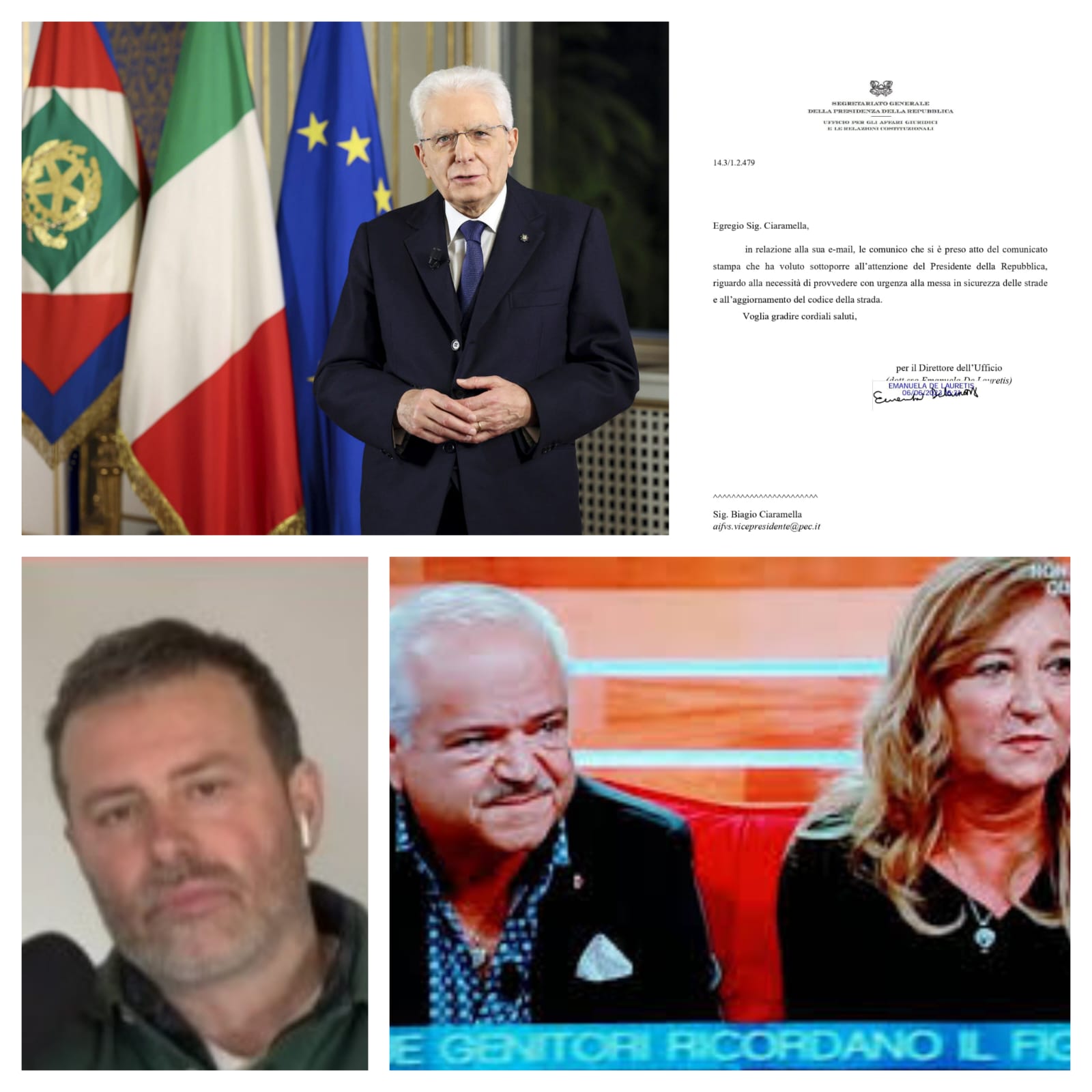 Il Capo dello Stato risponde alle associazioni dei familiari e delle vittime della strada. Pallotti, Ciaramella e Ronzullo: «Ringraziamo il Presidente della Repubblica per l'attenzione nei confronti della sicurezza stradale. Ora, però, fermiamo le stragi»