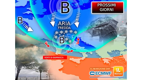 Meteo: da Mercoledì impulso artico sull'Italia con Pioggia, raffiche di Vento e Neve. Previsioni Settimana