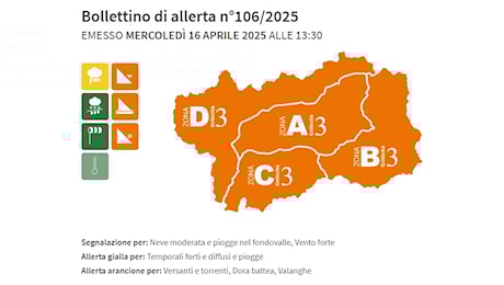 L'allerta per il rischio idrogeologico diventa arancione su tutto il territorio per oggi e domani, mercoledì 16 e giovedì 17 aprile; possibile innesco di fenomeno franosi