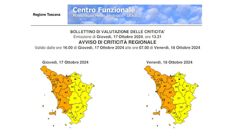 Allerta arancione per temporali e rischio idrogeologico/idraulico dalle ore 16 di giovedì 17 alle ore 7 di venerdì 18 ottobre