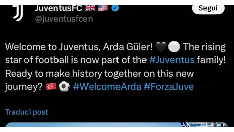 Arda Guler annunciato alla Juve...ma è stato hackerato il profilo inglese bianconero