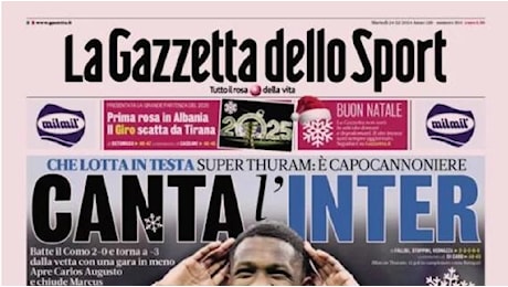 L'apertura de La Gazzetta dello Sport: Canta l'Inter. Milan: caccia a Akliouche e Leweling